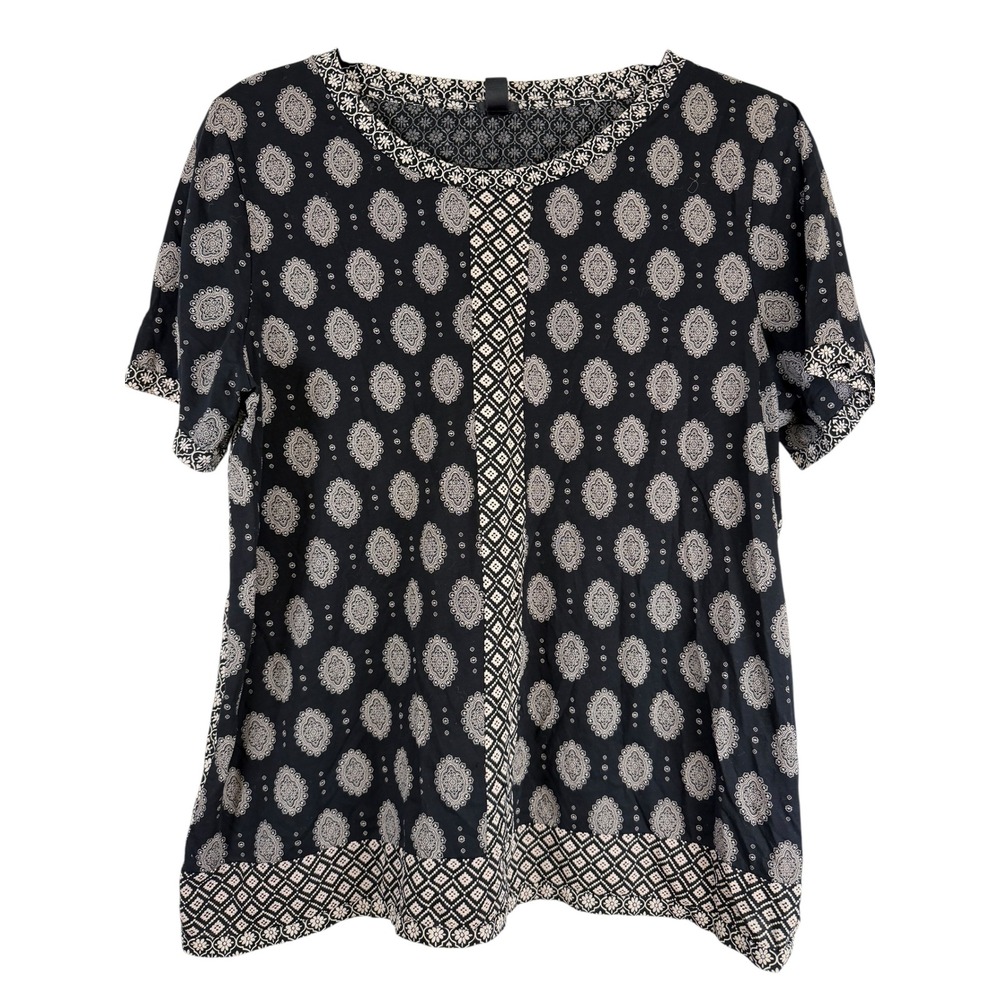 J.Crew Black White Medallion Geometric Mixed Print Short Sleeve Top Large